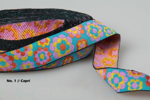 Borte | Retroflowers Jacquardband | 0,5 m - 1 m | 20 mm breit | Sommerkollektion 2026 | Farbauswahl | Made in Germany